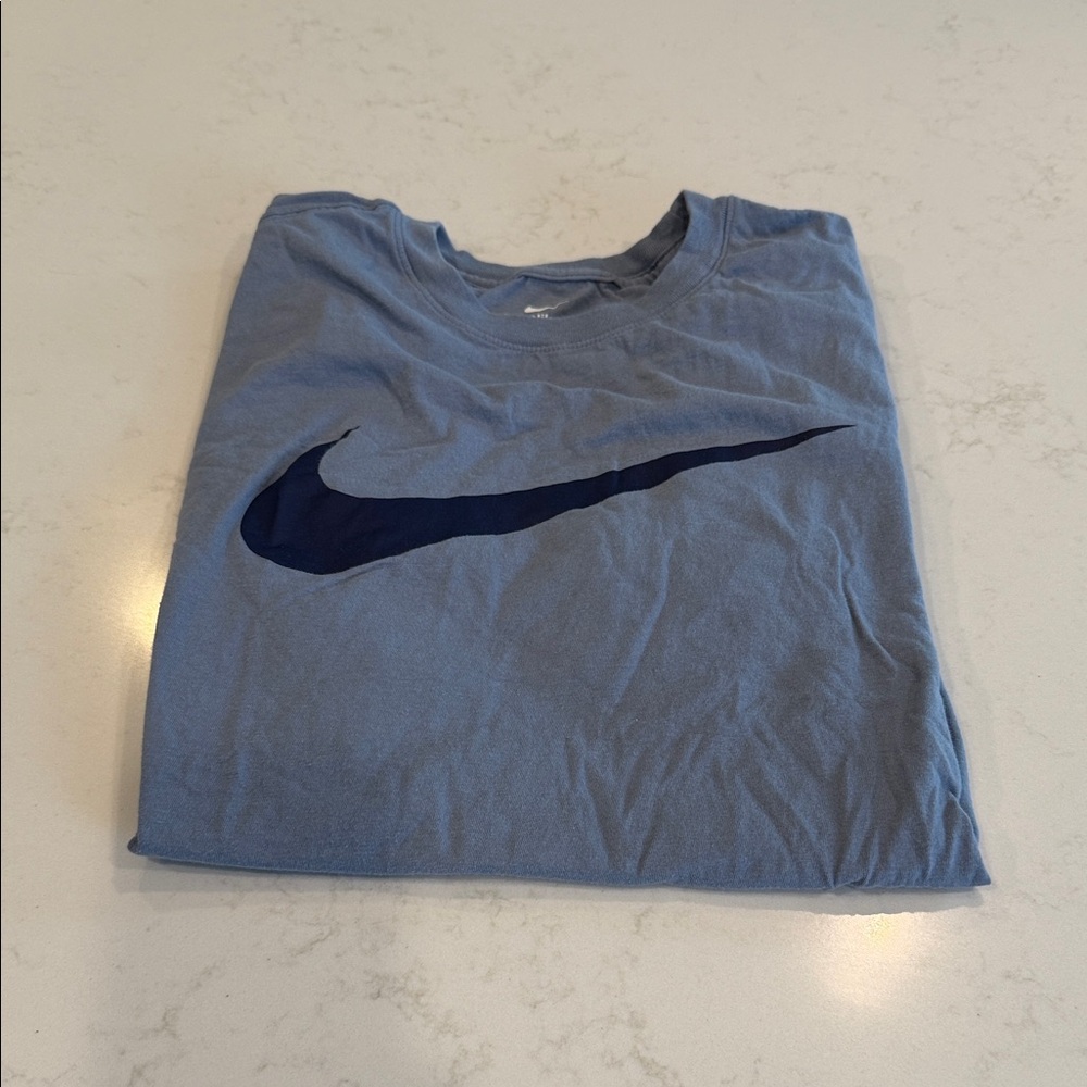 Nike Men's Light Blue Tee with Navy Logo size M
